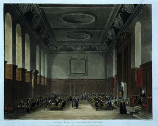 Sala szkolna Winchester College, z „Historii Winchester College”, część „Historii kolegiów”, sztychowana przez Josepha Constantine