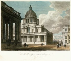Widok szpitala w Greenwich (Kent, Anglia), opis kopuły i północno-wschodniego narożnika dworu króla Wilhelma (Williama), z namalowaną północną fasadą hali i częścią dziedzińca i kaplicy królowej Marii