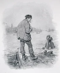 Rogue Riderhood at Limehouse Hole, z książki „Charles Dickens: A Gossip about his Life”, autorstwa Thomasa Archera, opublikowanej ok. 1894 (litografia)