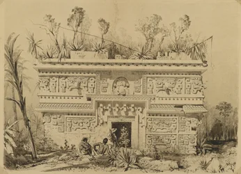 Las Monjas, Chichen Itza, Jukatan, 1843 (atrament w kolorze sepii i pranie na papierze tkanym)