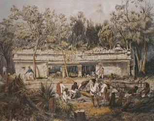 Archeolodzy Frederick Catherwood i John Lloyd Stephens mierzący świątynię w Tulum, Jukatan, Meksyk, ilustracja z dzieła „Widoki starożytnych zabytków Ameryki Środkowej, Chiapas i Jukatanu”