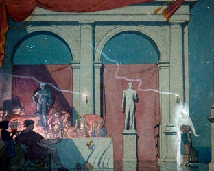 Tyltyl obraca diament, ilustracja z aktu IV sceny IV "Niebieskiego ptaka, sztuki baśniowej w sześciu aktach" Maurice Maeterlincka, wydanej w Londynie w 1911 r. (akwarela, ołówek i akwarela na papierze)