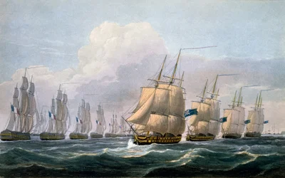 Kpt. Beresford w HMS Theseus na czele swojej eskadry okrętów z "The Naval Chronology of Great Britain", J. Ralfe, 1820 r.
