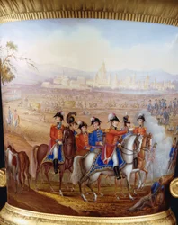 Szczegół Wellingtona i jego oficerów ze smukłej kampanowej ze złotej ziemi w Berlinie i cokołu typu usługowego Wellington, namalowany sceną bitwy pod Vittorią, 1817