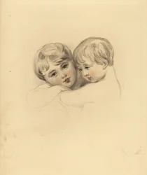 Portret dzieci z Calmeady w uścisku. Ręcznie barwiony grawer autorstwa Fredericka Christiana Lewisa według ilustracji Sir Thomasa Lawrence