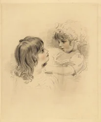 Portret dwójki dzieci. Starszy trzymający niechętnie młodsze dziecko w czepku i sukience. Ręcznie barwiony grawer autorstwa Fredericka Christiana Lewisa według ilustracji Sir Thomasa Lawrence
