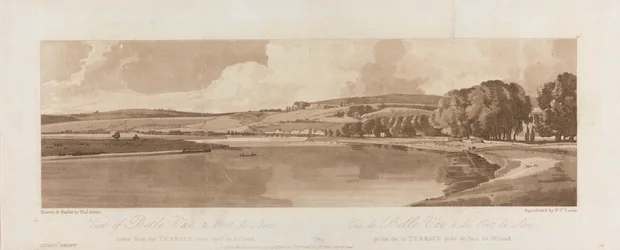 Widok Belle Vue i Pont de Seve z tarasu w pobliżu Pont de St. Cloud 1802; Płyta 13 Widoki w Paryżu, Emanuel Tom śledzenia płyty B1981.25.2622