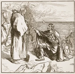 Egfrid błagający św. Cuthberta, ilustracja z „Kościoła anglikańskiego: historia dla ludu” autorstwa H.D.M. Spence-Jones, wyd. ok. 1910 (zdjęcie w sepii)