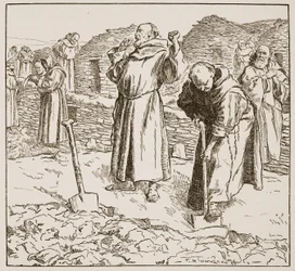 Hodowla klasztorna, ilustracja z „Kościoła anglikańskiego: historia dla ludu” autorstwa H.D.M. Spence-Jones, wyd. ok. 1910 (litografia) (zdjęcie w sepii)