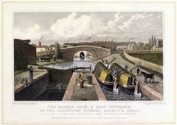 Podwójna śluza i wschodnie wejście do tunelu Islington, kanał Regents, 1827 r