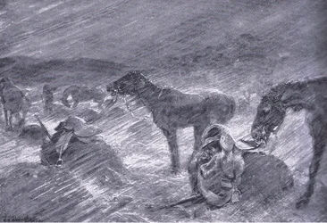 Południowoafrykańska burza gradowa, z After Pretoria: The Guerilla War, wydanej przez Harmsworth Bros Limited, 1901 r.