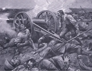Obrona Dewetsdorp: praca na 15-funtowym samotniku, ilustracja z After Pretoria: The Guerilla War, 1902