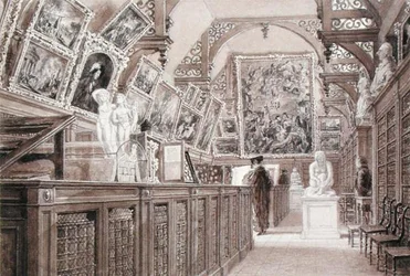 Wnętrze szkoły Old Perse, z wystawionymi zapisami Lorda Fitzwilliama (ołówek, pędzel i pranie na papierze)