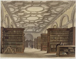 Wnętrze Biblioteki Publicznej, Cambridge, z „Historii Cambridge”, ryt. Daniel Havell (1785-1826), wyd. R. Ackermann, 1815 (akwatinta kolorowa)