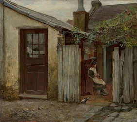 Dziewczyna z ptakiem przed piekarnią King Street Bakery. 1886