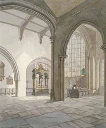 Wnętrze południowo-zachodni widok kościoła św. Heleny, Bishopsgate, City of London, 1820