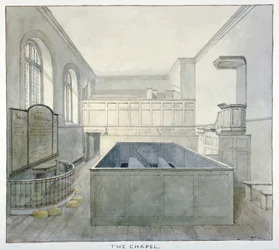 Widok wnętrza kaplicy w więzieniu Newgate, Old Bailey, City of London, 1840