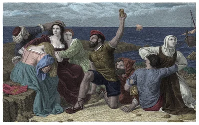 Piraci z Morza Śródziemnego grają więźniowie na ilustracji Fredericka Richarda Pickersgilla (1820-1900) 1869