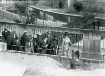 Sir Peter Chalmers Mitchell, z etiopskim regentem Haile Selassie i jego świtą, oglądają niedźwiedzia brunatnego na tarasach Mappin, londyńskie zoo, 1924