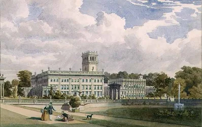 Widok domu i ogrodów w Trentham, Staffs (ołówek i akwarela)