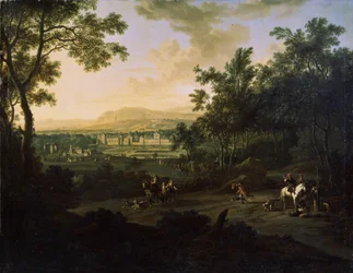 Krajobraz z myśliwymi. Obraz Fryderyka de Moucheron (1633-1686). Olej na płótnie, sztuka holenderska, styl barokowy. Muzeum Sztuki Michaiła Kroszyckiego, Sewastopol (Sewastopol) Ukraina
