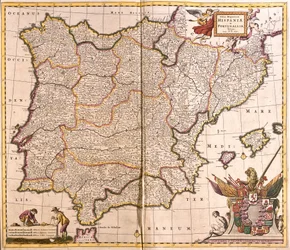 Mapa Półwyspu Iberyjskiego, Hiszpanii i Portugalii (akwaforta