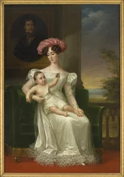 Józefina de Leuchtenberg, królowa Szwecji i Norwegii, z synem Karolem XV na rękach, siedząca przed portretem króla Oskara I, Portret Józefiny de Leuchtenberg (1807-1876), królowej Szwecji i Norwegii, autorstwa Fredrica Westina (1782-1862)