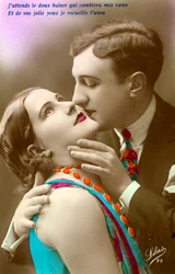 Całująca się para francuska, ok. 1920 (srebrny ręcznie kolorowany druk)