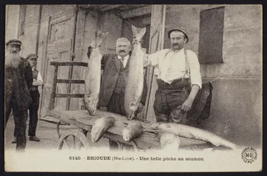 Pocztówka przedstawiająca dobry połów łososia w Brioude, Haute-Loire, ok. 1900