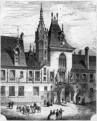 XV-wieczna architektura gotycka: fasada wewnętrznego dziedzińca domu Jacques Coeur (1395-1456), francuskiego kupca. Bourges, Cher (18)