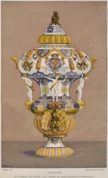Fajansowa fontanna z XVIII w. z herbem Montmorency Luksemburg, wyprodukowana w Rouen, ilustracja z Dictionnaire de lameublement et de la decoration autorstwa Henry