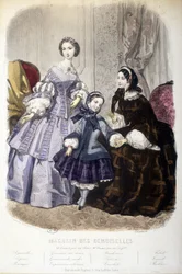 2 kobiety i dziewczynka: Moda - w „Magazin des damoiselles”. sd. około 1850 roku.