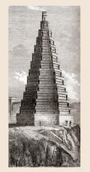 XIX-wieczny obraz Wieży Porządkowej, zniszczonej w 1644, Boulogne-sur-Mer, Francja, z „Les Merveilles de la Science”, opublikowany ok. 1870 (rycina)