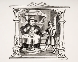 Burgess jedzący posiłek, według ilustracji z XVI-wiecznego rękopisu, z Le Moyen Age et La Renaissance autorstwa Paula Lacroix (1806-84) opublikowanego w 1847 roku