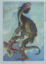Smok spadający z nieba, ilustracja z węgierskiej bajki „Historia wróżki Pervenche”, ok. 1910 r. (litografia kolorowa)