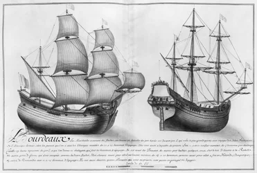 Holenderski statek sklepowy i pinasse, Bordeaux, ilustracja z „Desseins des differentes manieres de dishes… od Nantes do Bayonne…”, 1679 (ołówek i toaleta na papierze)