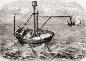 Grecki statek strażacki, według rysunku w XIII-wiecznym łacińskim rękopisie z Les Merveilles de la Science, opublikowanym ok. 1870 (rycina)