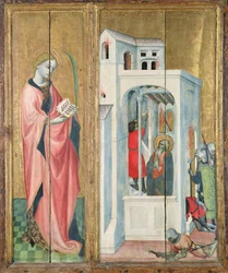Święty męczennik i uczeń św. Andrzeja gaszący ogień, lewy panel ołtarza Thouzona, Szkoła Prowansji (tempera na panelu)