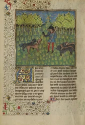 Łowca szkolący psy, by odpowiadały na Zew Rogu, ok.1430-40 (tempera, złota i srebrna farba oraz złoty liść na pergaminie)