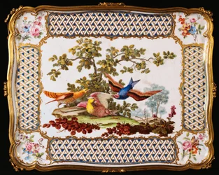 Taca Ludwika XV Sevres ozdobiona trzema egzotycznymi ptakami w krajobrazie, tworząca blat stołu kawiarni, 1761