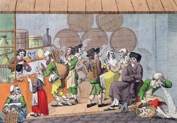 Spotkanie artystów, drapaczy błotnych i handlarzy szmatami, karykatura popularnej kawiarni w Palais Royal w Paryżu, ok. 1800