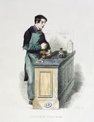 Student apteki przygotowujący lekarstwa, ilustracja z Francuzi malowani przez siebie, edycje L. Curmer, 1841 (kolorystyka)