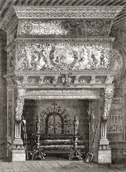 Renesansowy kominek w The Cluny Museum, Paryż, Francja, z „Les Merveilles de la Science”, opublikowany ok. 1870 (rycina)