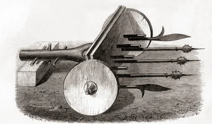 Ribauldequin, piekielny pistolet maszynowy lub organowy, uzbrojony w małe działka i piki, z Les Merveilles de la Science, wydany ok. 1870 (rycina)