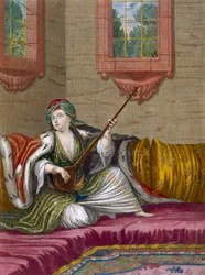 Turecka dziewczyna grająca na Tehegour, ok. 1708 r.
