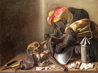 Martwa natura Vanitas z czaszką, kartami do gry i zbroją, ok. 1650 (olej na płótnie)