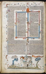 Scena bas-de-page mężczyzny próbującego najechać zamek, zabitego przez jednego z obrońców, z dekretów Smithfield, Royal 10 E. IV, f.18v