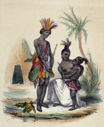 Rodzina kanadyjskich Indian przed swoimi tipi; ilustracja Kanady w „Dwunastu narodach“ M. E. Fouineta
