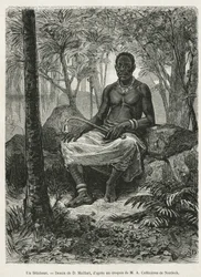 Feticheur, czarodziej potrafiący używać magicznej siły fetiches, rysunek D.Maillarta, ilustrujący historię podróży do Gabonu i rzeki Ogoue w latach 1875-1877, autorstwa Alfreda Marche. Rycina w Le tour du monde