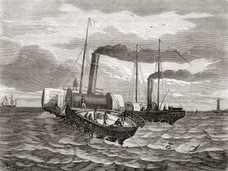 Pierwsza próba ułożenia pierwszej linii pod kanałem La Manche w 1850 r. przez Anglo-Francuską Kompanię Telegraficzną Johna Watkinsa Bretta, z Dover do Calais, przy użyciu przerobionych holowników Goliath i Widgeon, z Les Merveilles de la Science, opublikow